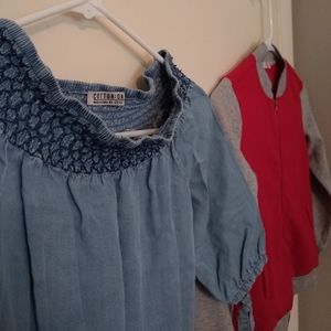 2pcs blue ruffled blouse, red & gray bomber jacket